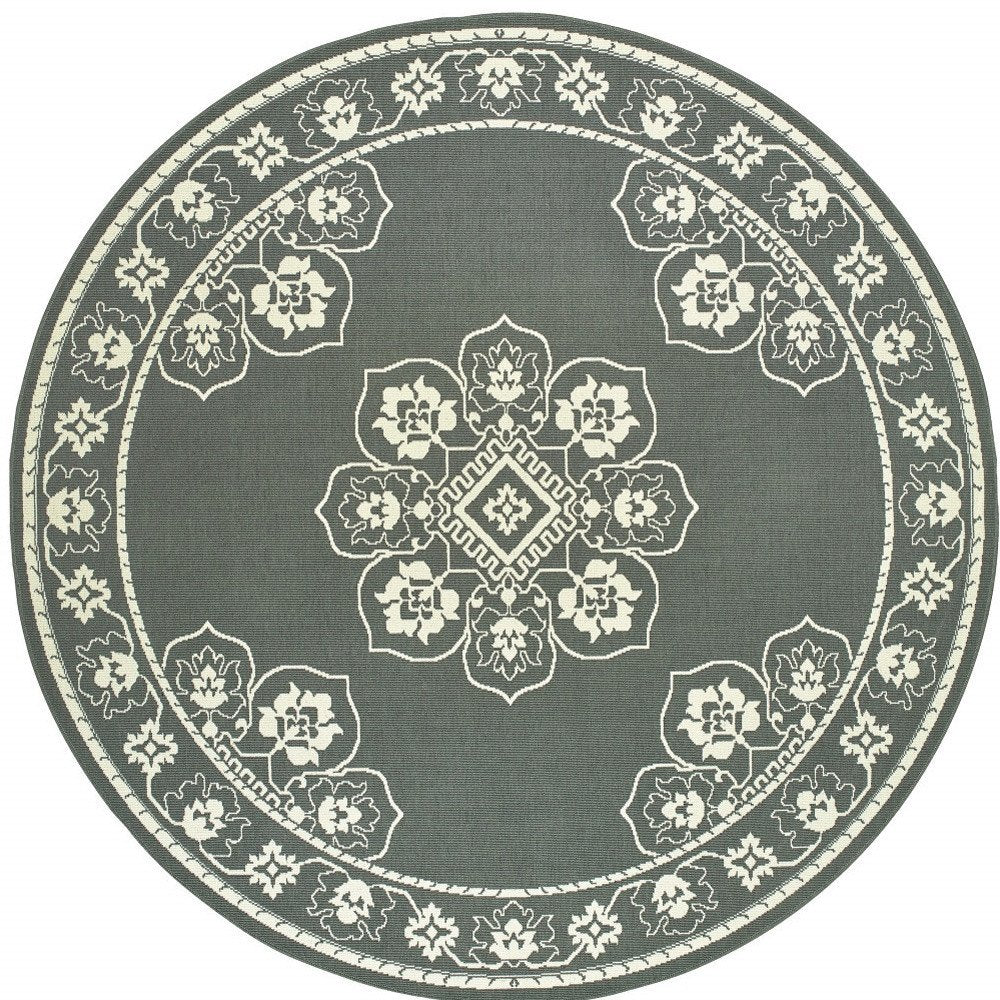 2' X 4' Gray and Ivory Oriental Stain Resistant Indoor Outdoor Area Rug
