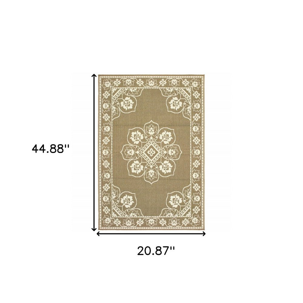 2' X 4' Gray and Ivory Oriental Stain Resistant Indoor Outdoor Area Rug