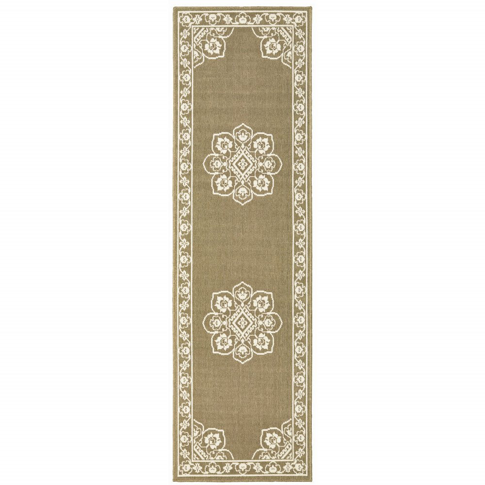 2' X 4' Gray and Ivory Oriental Stain Resistant Indoor Outdoor Area Rug