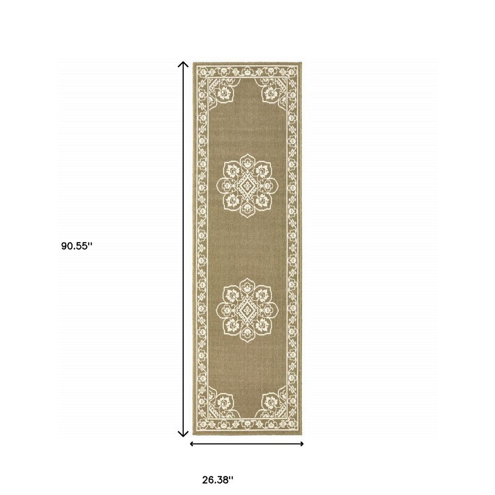 2' X 4' Gray and Ivory Oriental Stain Resistant Indoor Outdoor Area Rug