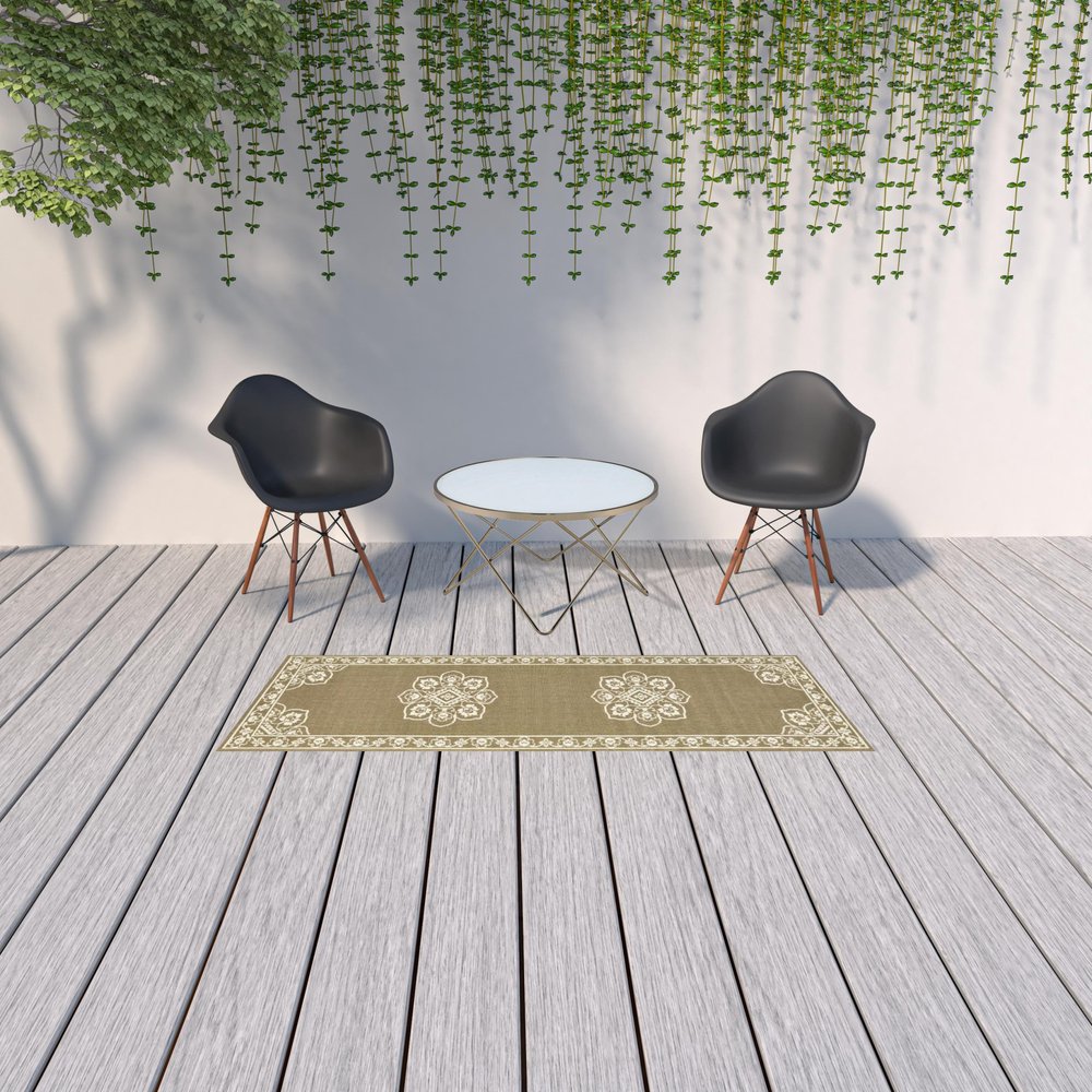 2' X 4' Gray and Ivory Oriental Stain Resistant Indoor Outdoor Area Rug