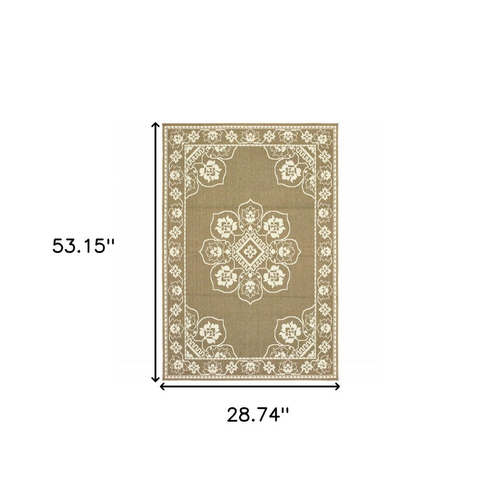 2' X 4' Gray and Ivory Oriental Stain Resistant Indoor Outdoor Area Rug