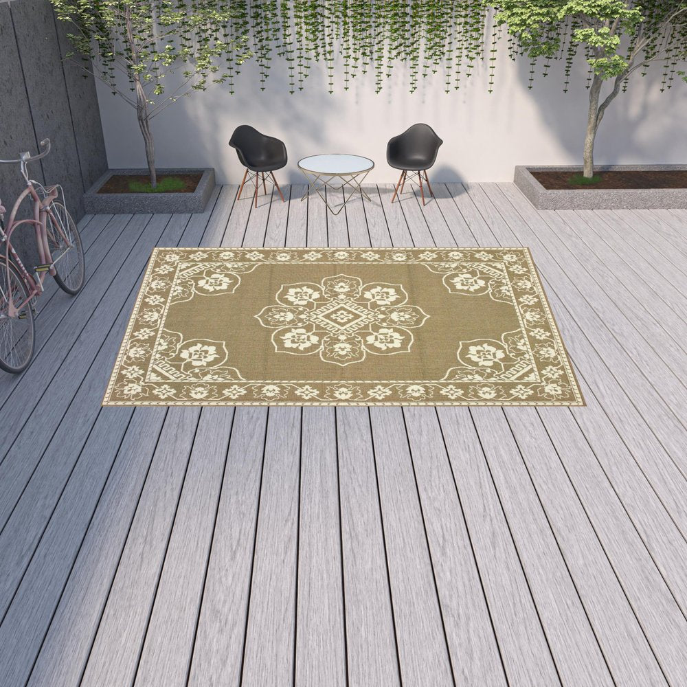 2' X 4' Gray and Ivory Oriental Stain Resistant Indoor Outdoor Area Rug