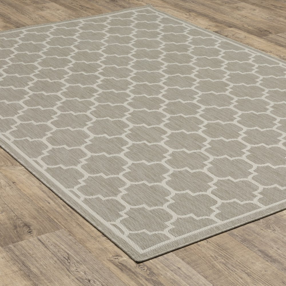 2' X 7' Gray and Ivory Geometric Stain Resistant Indoor Outdoor Area Rug