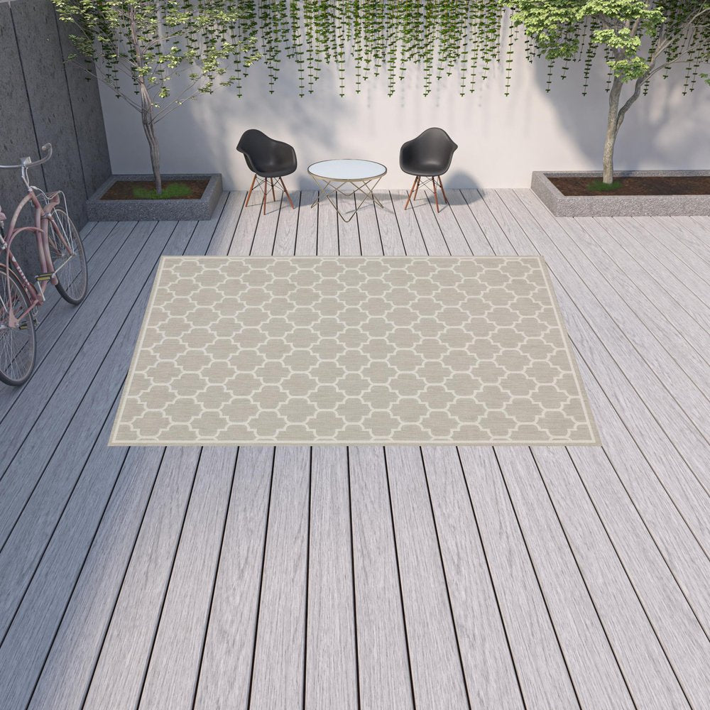 2' X 7' Gray and Ivory Geometric Stain Resistant Indoor Outdoor Area Rug