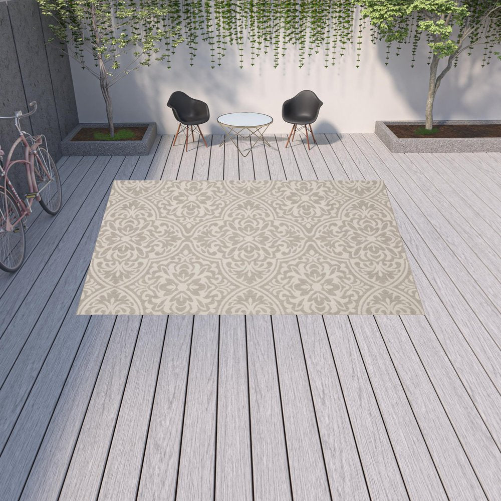 3' X 5' Gray and Ivory Floral Stain Resistant Indoor Outdoor Area Rug