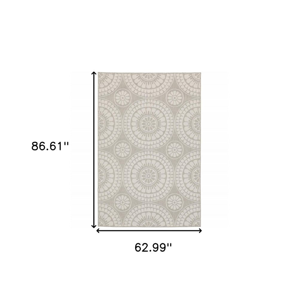 2' X 7' Gray and Ivory Geometric Stain Resistant Indoor Outdoor Area Rug