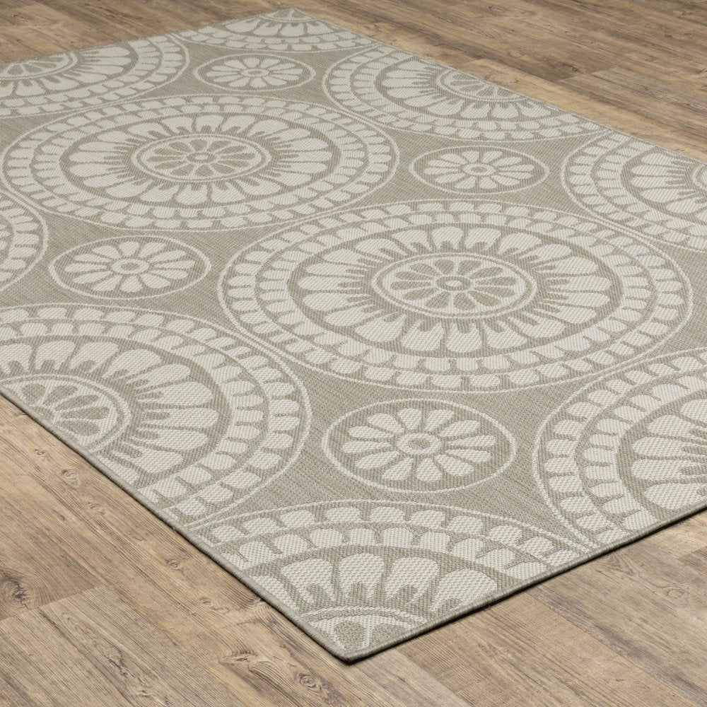 2' X 7' Gray and Ivory Geometric Stain Resistant Indoor Outdoor Area Rug