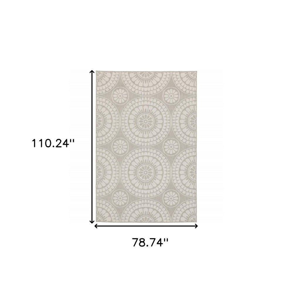 2' X 7' Gray and Ivory Geometric Stain Resistant Indoor Outdoor Area Rug