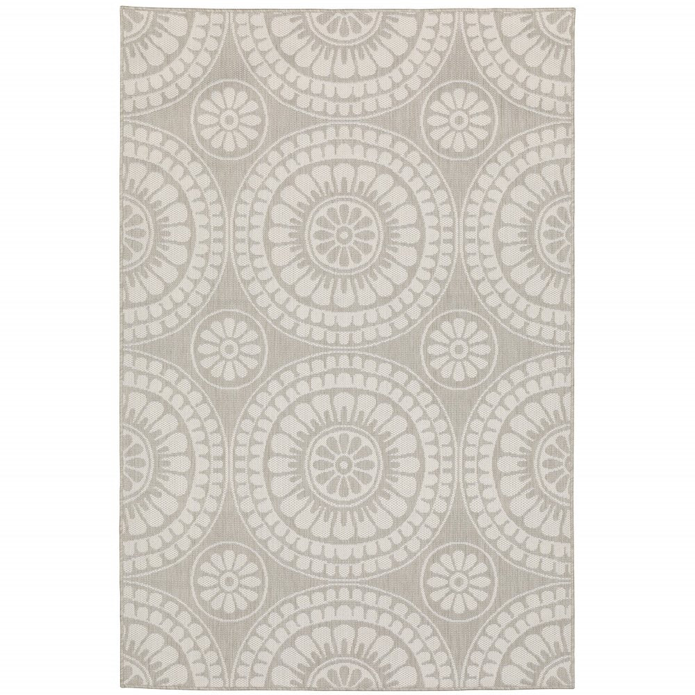 2' X 7' Gray and Ivory Geometric Stain Resistant Indoor Outdoor Area Rug