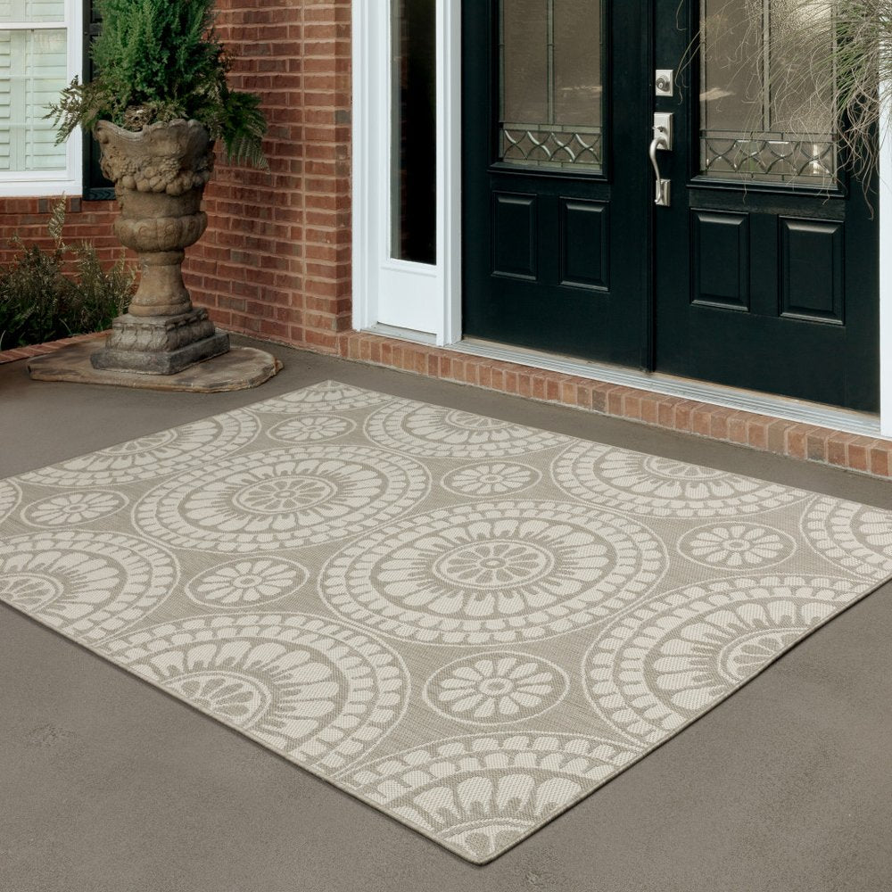 2' X 7' Gray and Ivory Geometric Stain Resistant Indoor Outdoor Area Rug