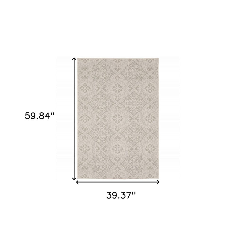 2' X 7' Gray and Ivory Floral Stain Resistant Indoor Outdoor Area Rug