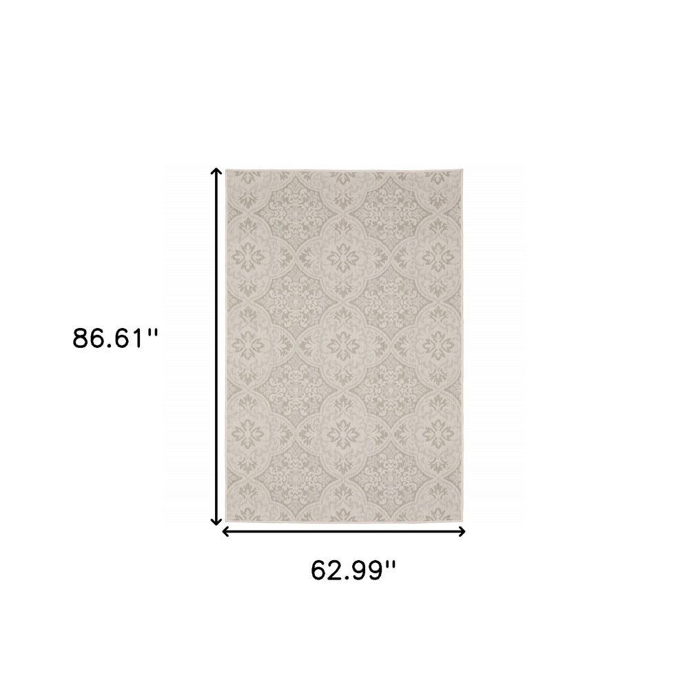 2' X 7' Gray and Ivory Floral Stain Resistant Indoor Outdoor Area Rug