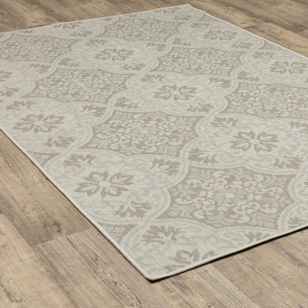 2' X 7' Gray and Ivory Floral Stain Resistant Indoor Outdoor Area Rug