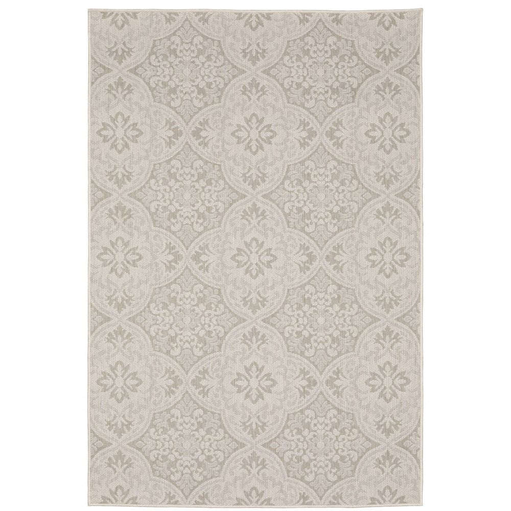 2' X 7' Gray and Ivory Floral Stain Resistant Indoor Outdoor Area Rug