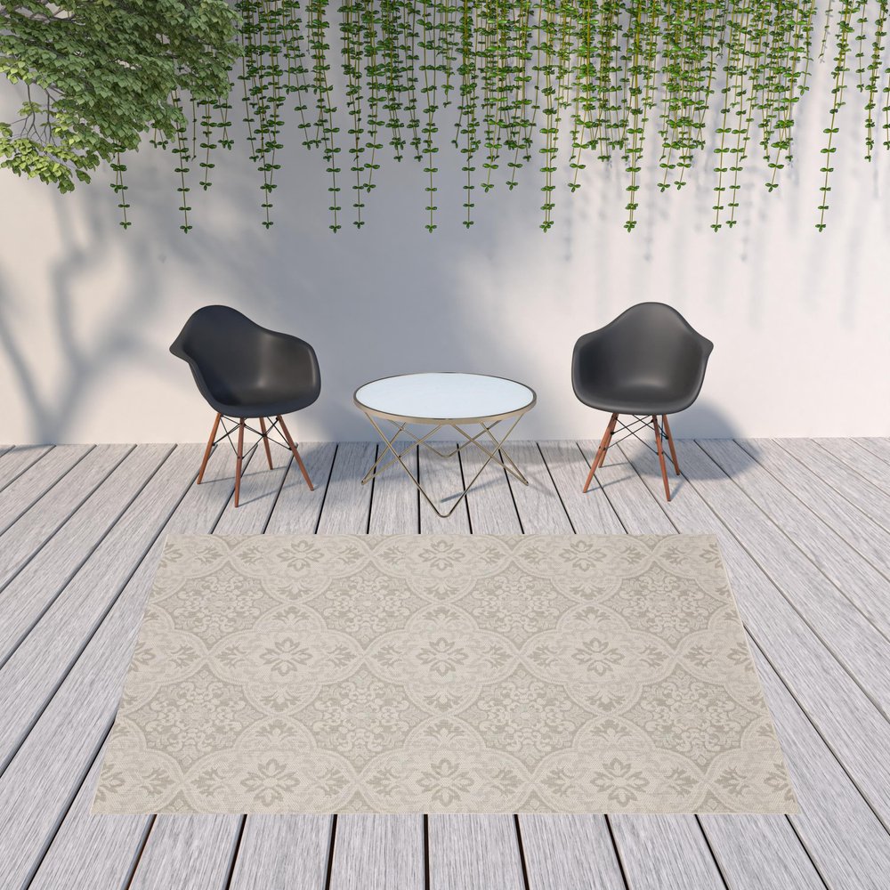 2' X 7' Gray and Ivory Floral Stain Resistant Indoor Outdoor Area Rug