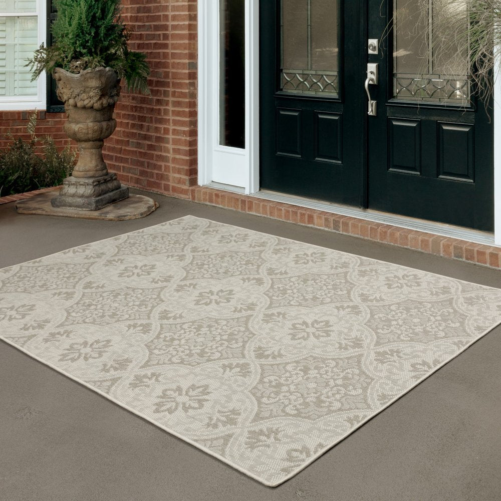 2' X 7' Gray and Ivory Floral Stain Resistant Indoor Outdoor Area Rug