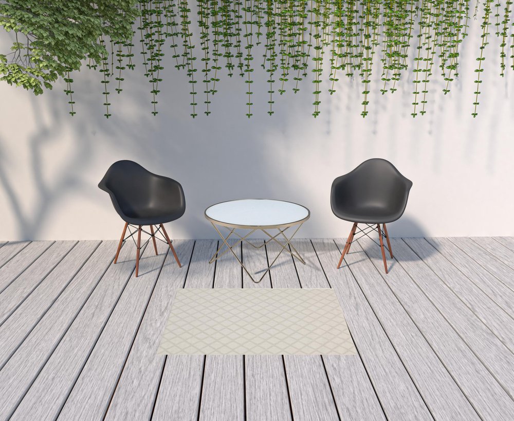 2' X 7' Gray and Ivory Geometric Stain Resistant Indoor Outdoor Area Rug