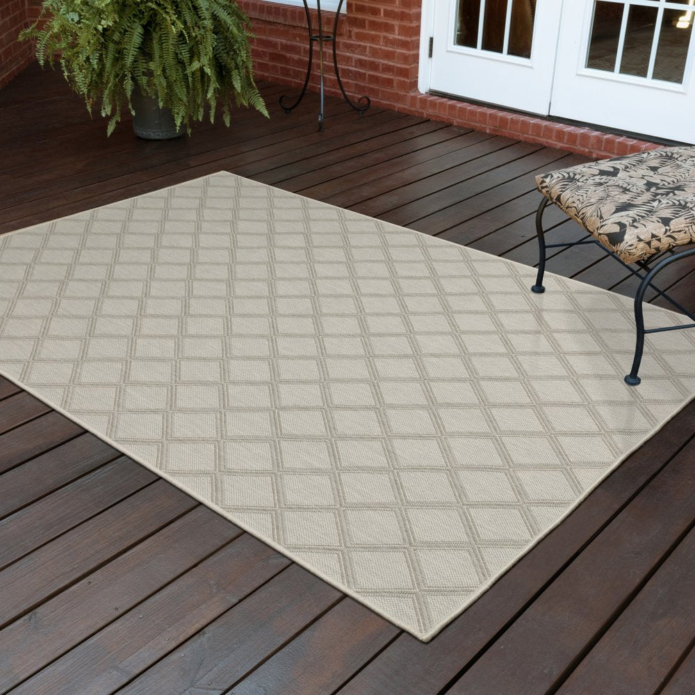 2' X 7' Gray and Ivory Geometric Stain Resistant Indoor Outdoor Area Rug
