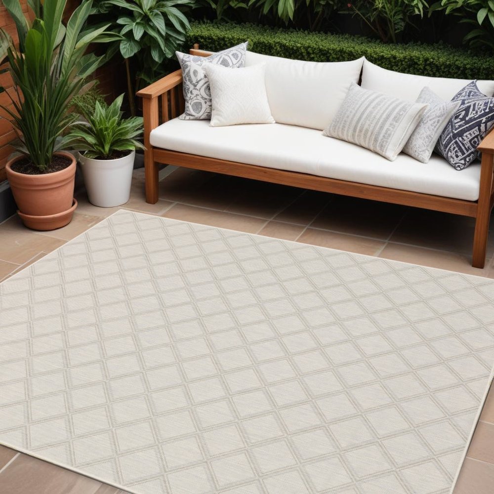 2' X 7' Gray and Ivory Geometric Stain Resistant Indoor Outdoor Area Rug