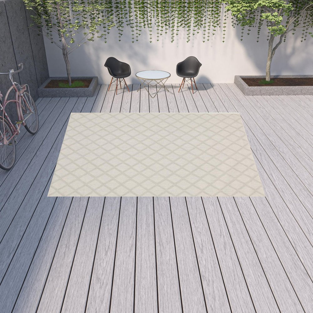 2' X 7' Gray and Ivory Geometric Stain Resistant Indoor Outdoor Area Rug