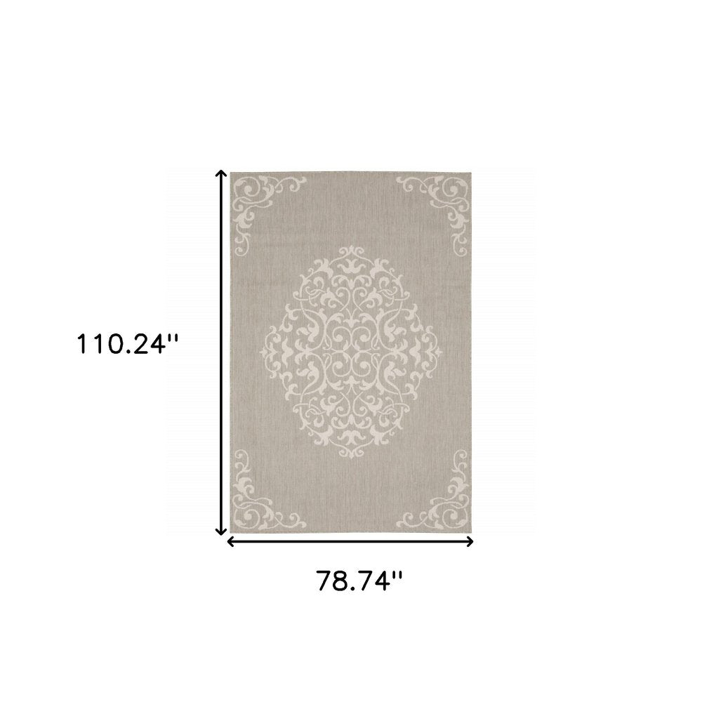 2' X 7' Gray and Ivory Oriental Stain Resistant Indoor Outdoor Area Rug