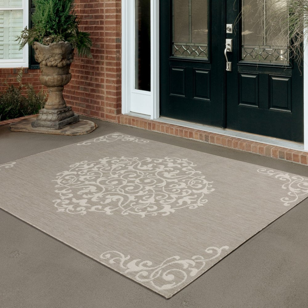 2' X 7' Gray and Ivory Oriental Stain Resistant Indoor Outdoor Area Rug