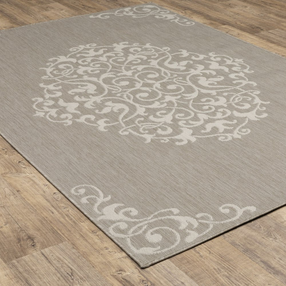 2' X 7' Gray and Ivory Oriental Stain Resistant Indoor Outdoor Area Rug
