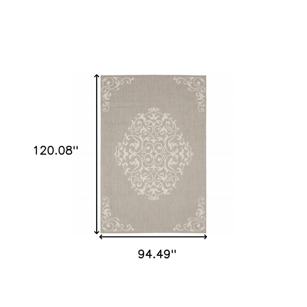 2' X 7' Gray and Ivory Oriental Stain Resistant Indoor Outdoor Area Rug
