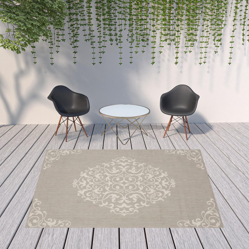 2' X 7' Gray and Ivory Oriental Stain Resistant Indoor Outdoor Area Rug