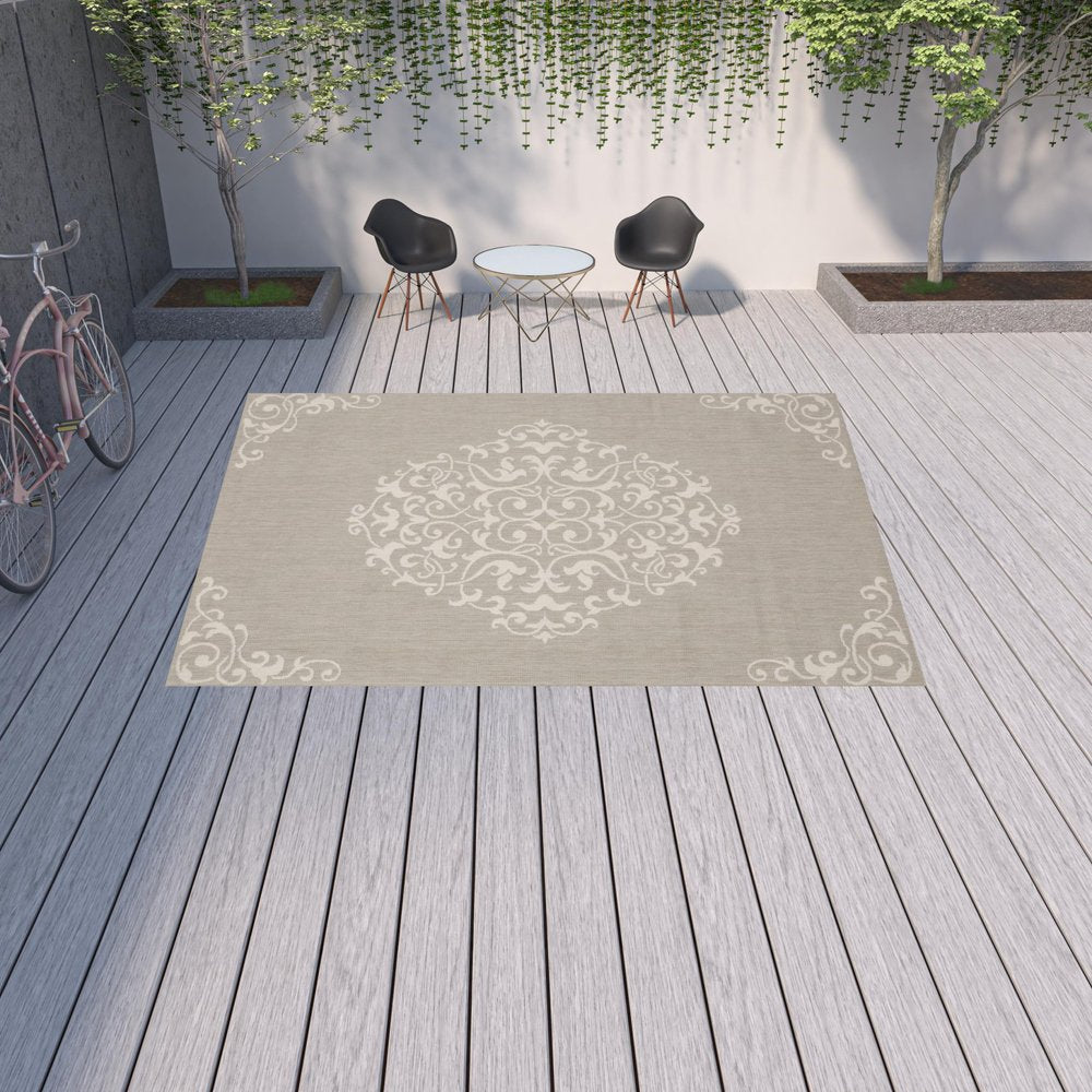 2' X 7' Gray and Ivory Oriental Stain Resistant Indoor Outdoor Area Rug