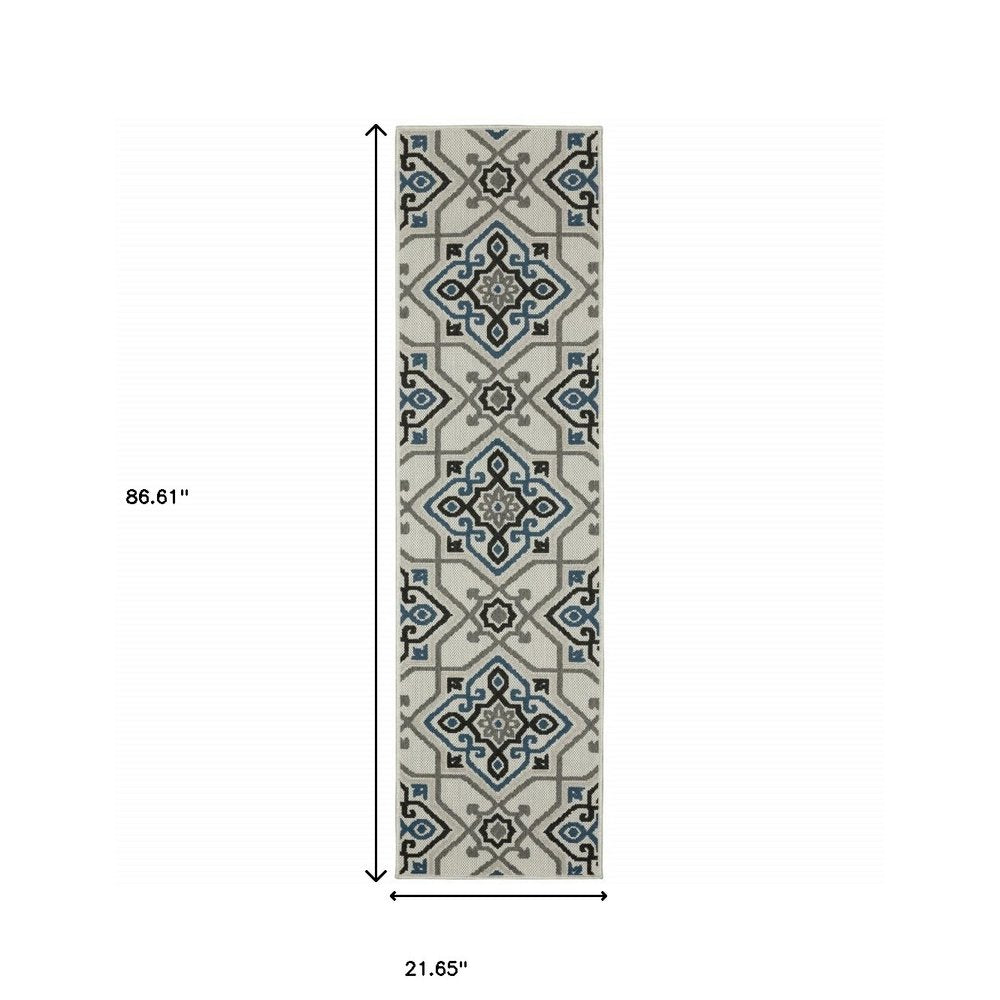 2' X 4' Blue and Beige Oriental Stain Resistant Indoor Outdoor Area Rug