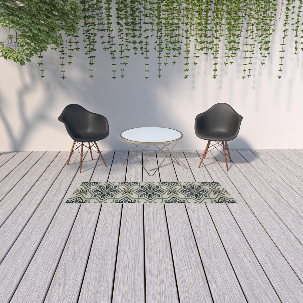 2' X 4' Blue and Beige Oriental Stain Resistant Indoor Outdoor Area Rug