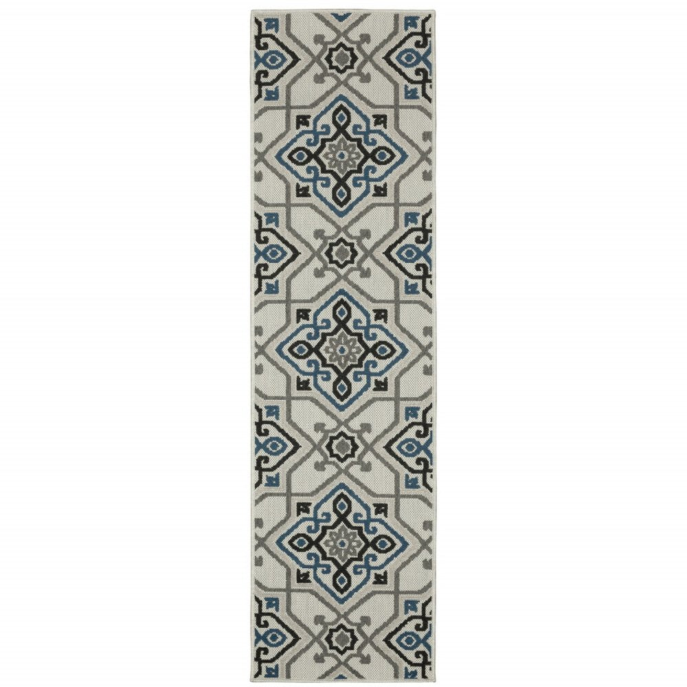 2' X 4' Blue and Beige Oriental Stain Resistant Indoor Outdoor Area Rug