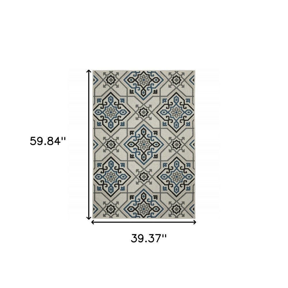 2' X 4' Blue and Beige Oriental Stain Resistant Indoor Outdoor Area Rug