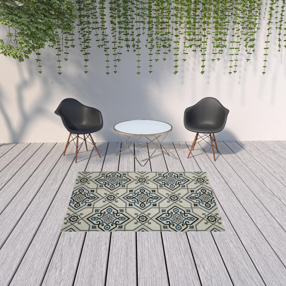 2' X 4' Blue and Beige Oriental Stain Resistant Indoor Outdoor Area Rug