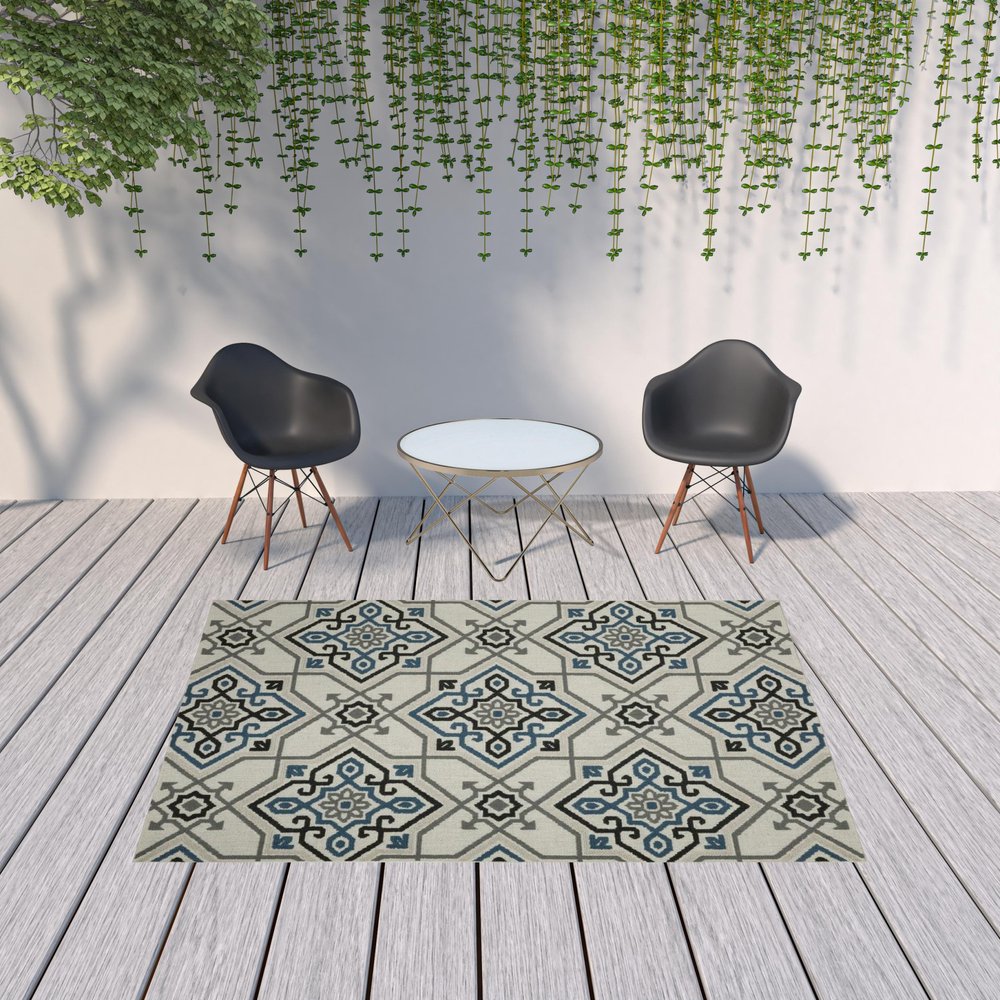 2' X 4' Blue and Beige Oriental Stain Resistant Indoor Outdoor Area Rug