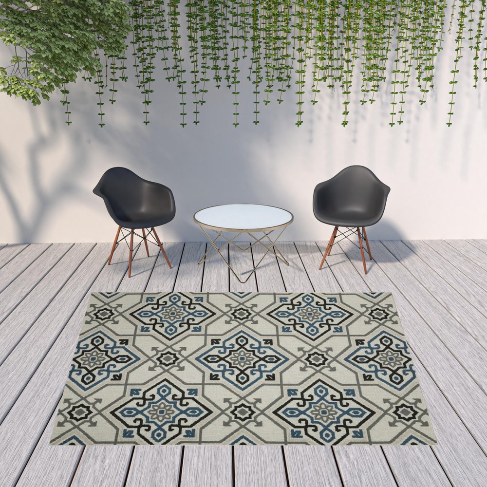 2' X 4' Blue and Beige Oriental Stain Resistant Indoor Outdoor Area Rug