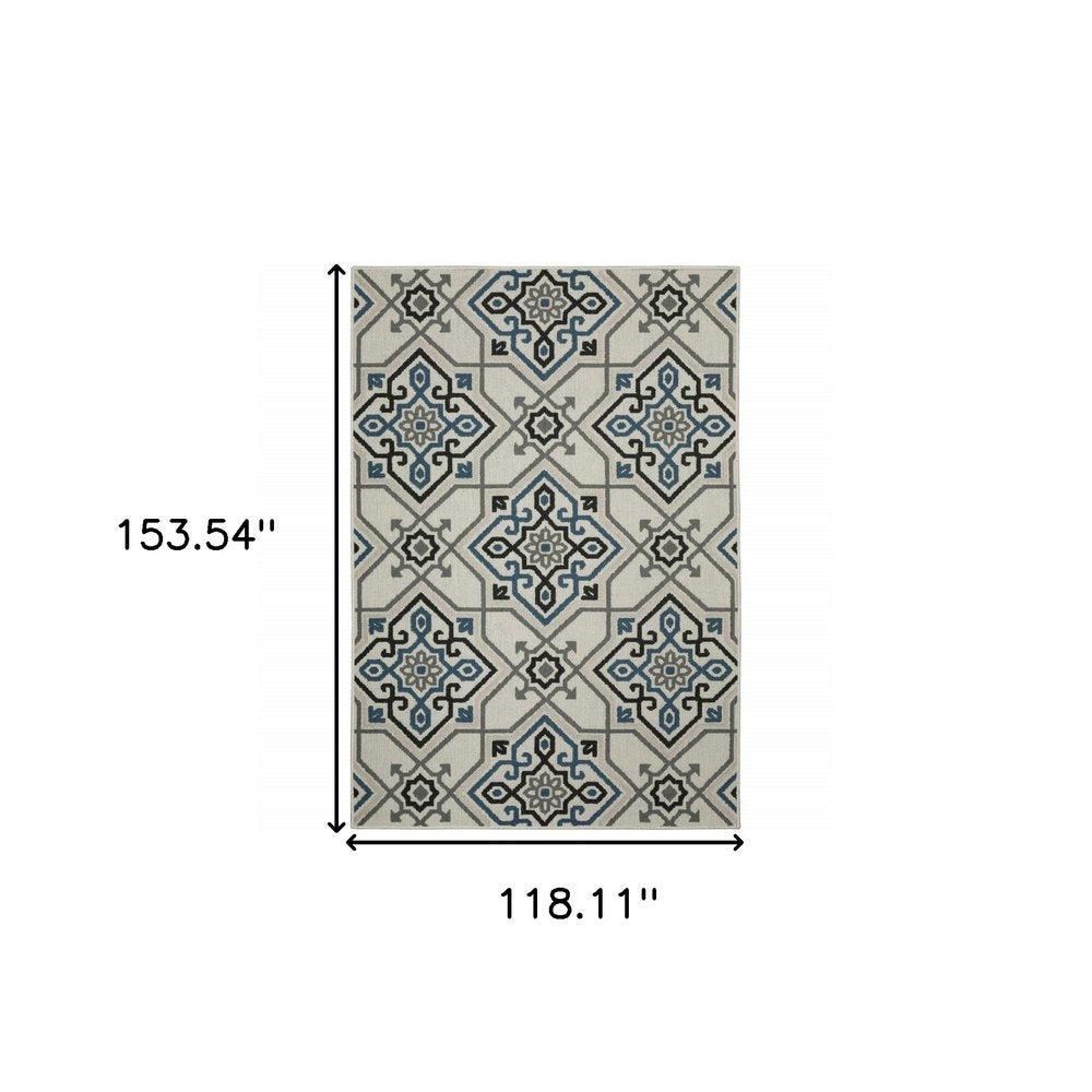 2' X 4' Blue and Beige Oriental Stain Resistant Indoor Outdoor Area Rug