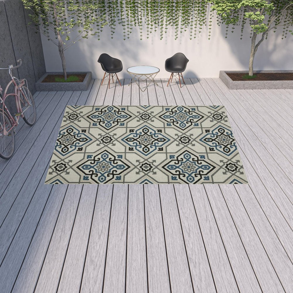 2' X 4' Blue and Beige Oriental Stain Resistant Indoor Outdoor Area Rug