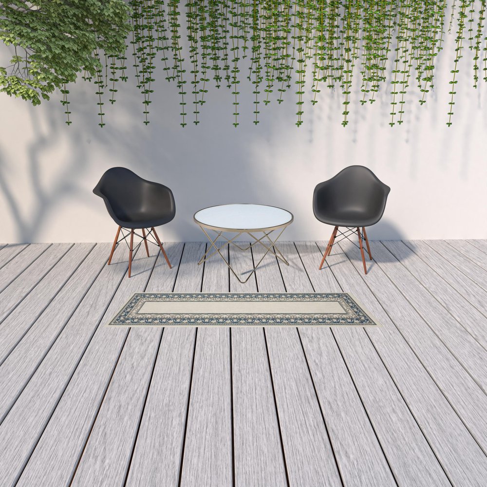 2' X 4' Blue and Beige Stain Resistant Indoor Outdoor Area Rug