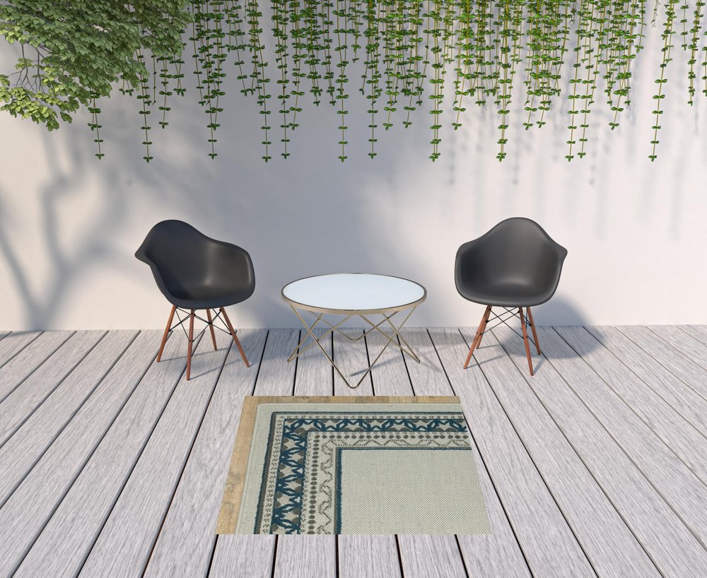 2' X 4' Blue and Beige Stain Resistant Indoor Outdoor Area Rug