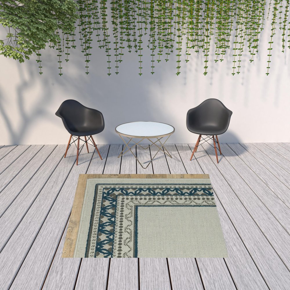 2' X 4' Blue and Beige Stain Resistant Indoor Outdoor Area Rug