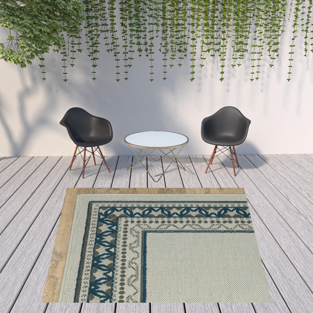 2' X 4' Blue and Beige Stain Resistant Indoor Outdoor Area Rug