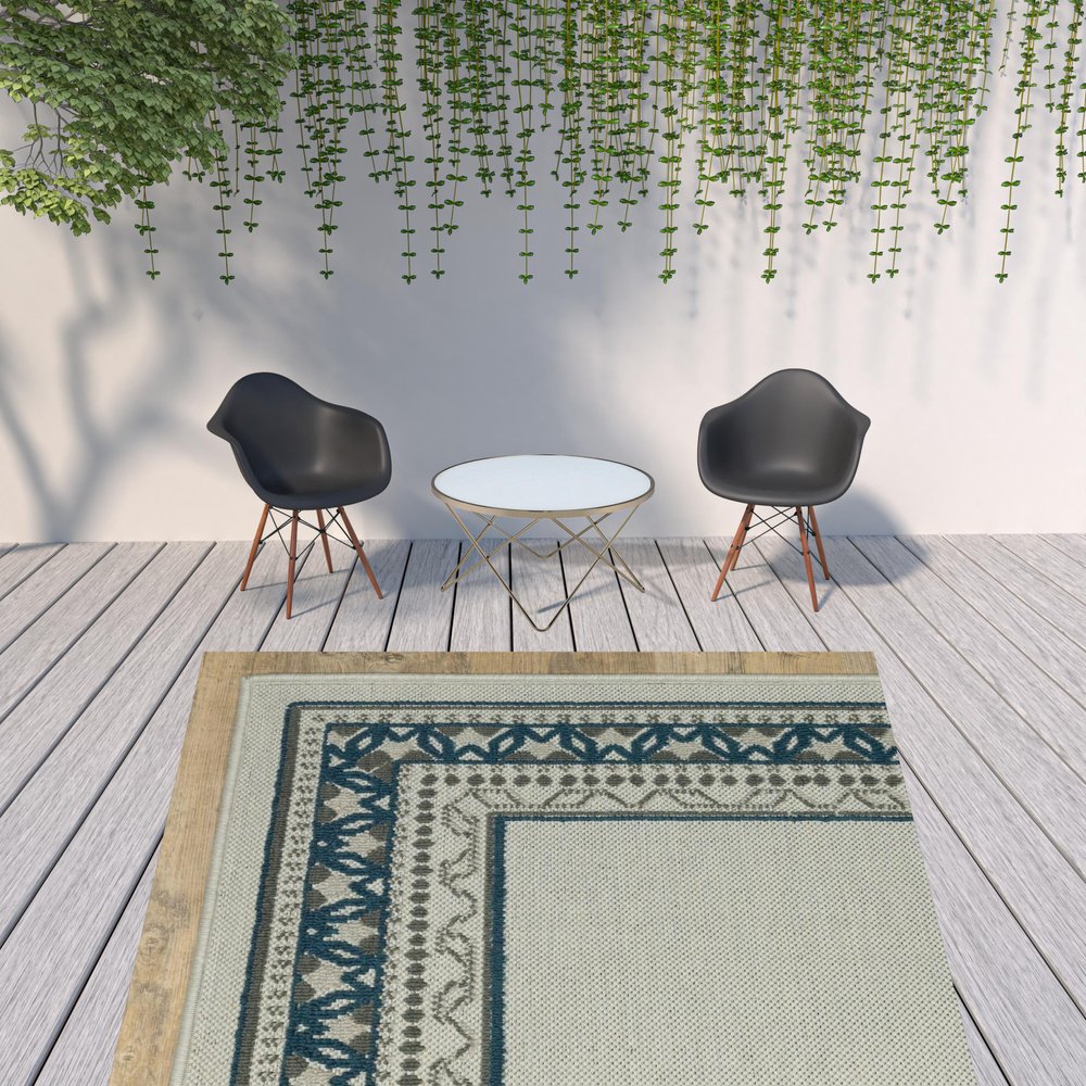 2' X 4' Blue and Beige Stain Resistant Indoor Outdoor Area Rug