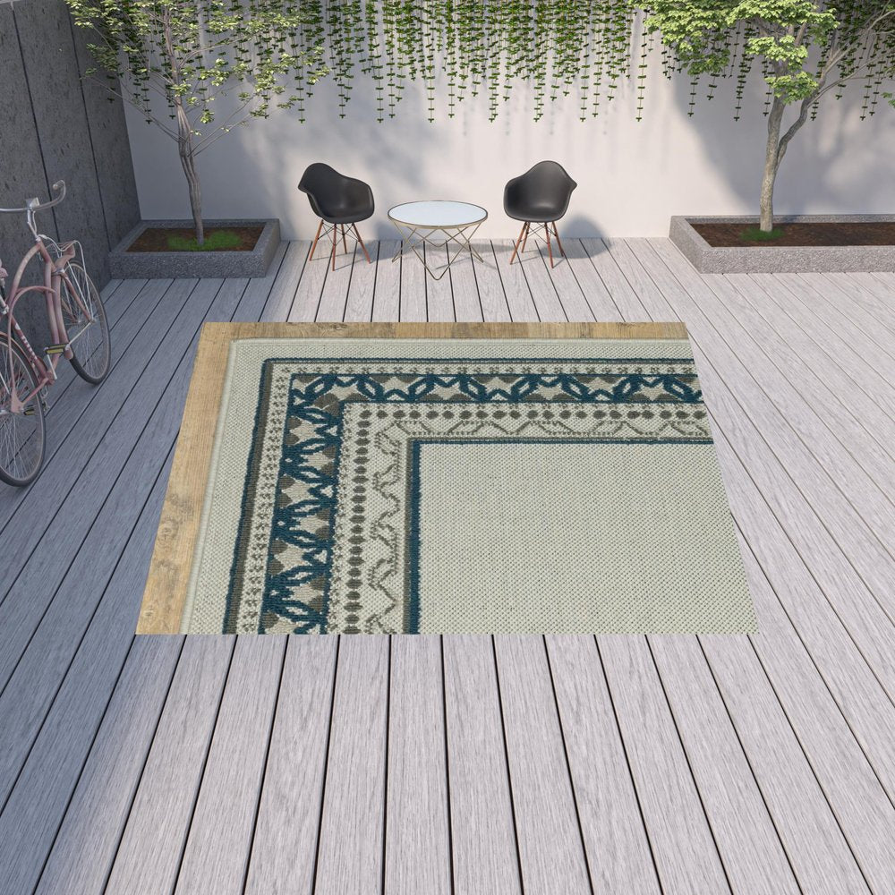 2' X 4' Blue and Beige Stain Resistant Indoor Outdoor Area Rug
