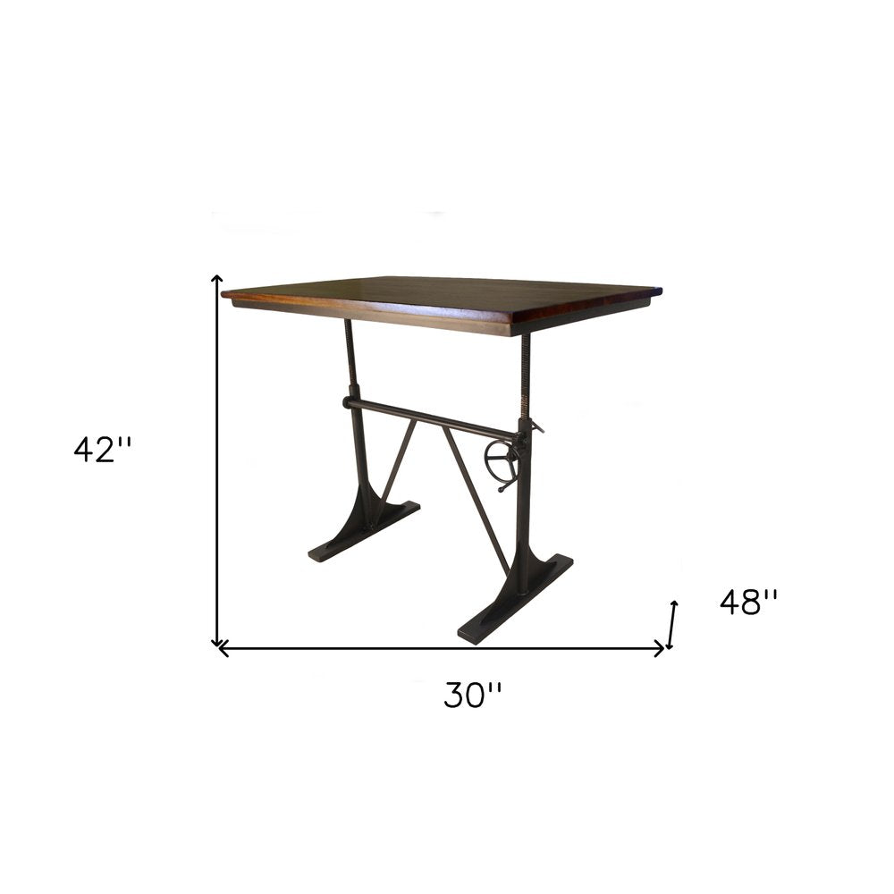 Adjustable Height Brown and Black Solid Wood and Iron Writing Desk