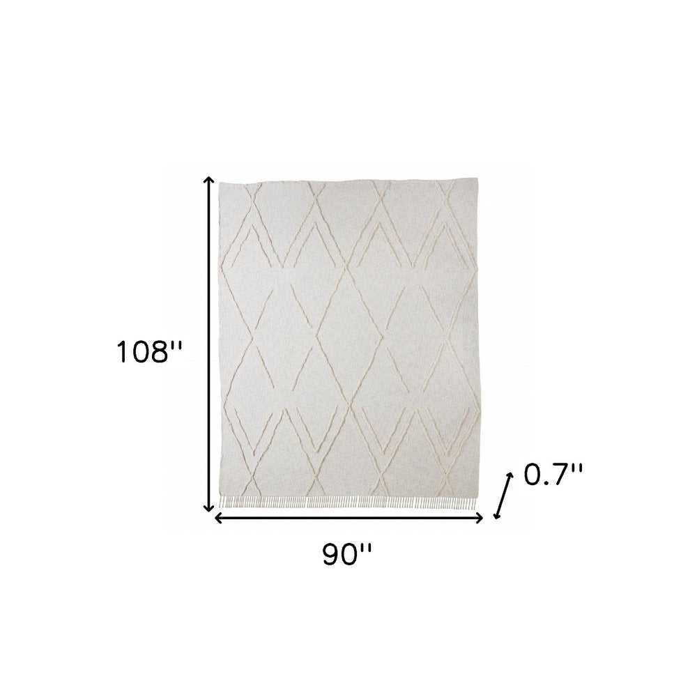 Ivory Geometric Queen Cotton Coverlet With Fringe
