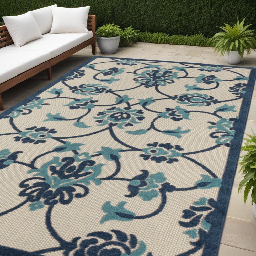 4' X 6' Blue Floral Non Skid Indoor Outdoor Area Rug