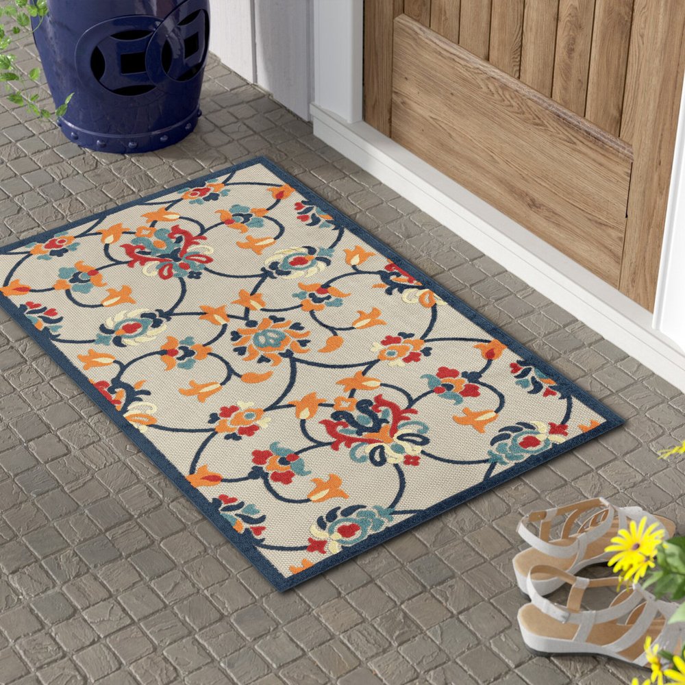 2' X 3' Blue Floral Non Skid Indoor Outdoor Area Rug